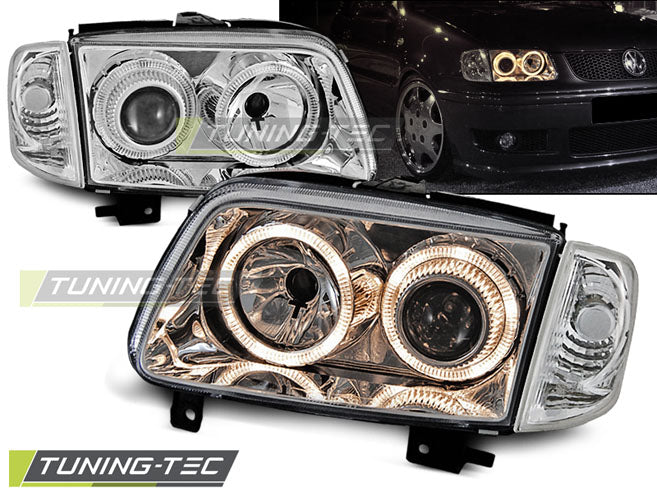 Phares Angel Eyes chromés compatibles VW Polo 6N2 10.99-10.01