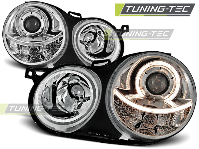 Phares Angel Eyes chromés compatibles avec VW Polo 9N 11.01-04.05