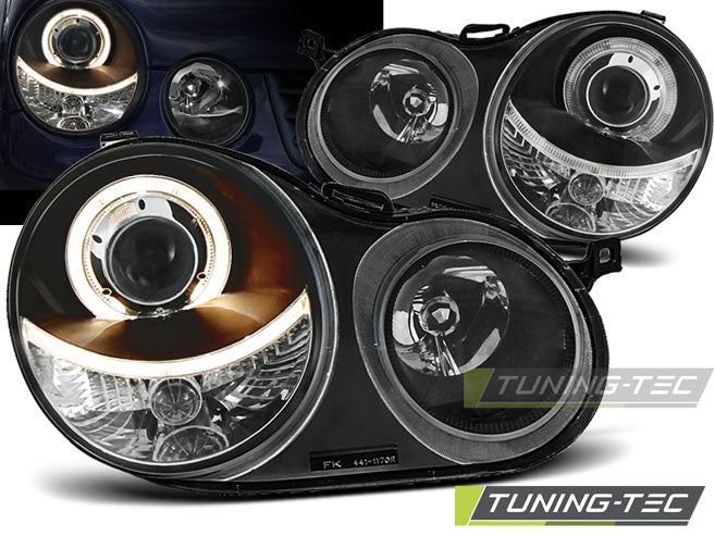 Phares Angel Eyes noirs compatibles avec VW Polo 9N 11.01-04.05