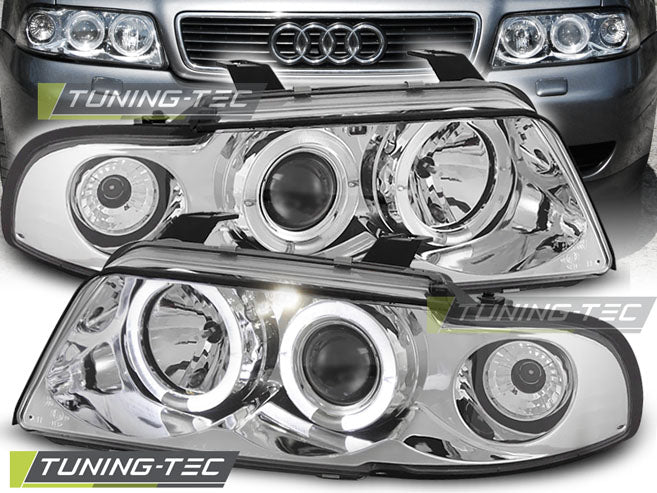 Phares Angel Eyes chromés compatibles avec Audi A4 11.94-12.98