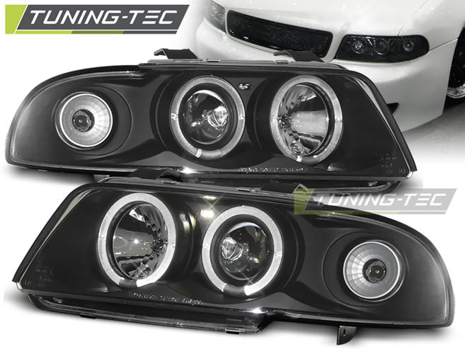 Phares Angel Eyes noirs compatibles avec Audi A4 11.94-12.98