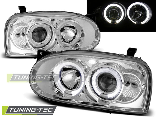 Phares Angel Eyes chromés compatibles avec VW Golf 3 09.91-08.97