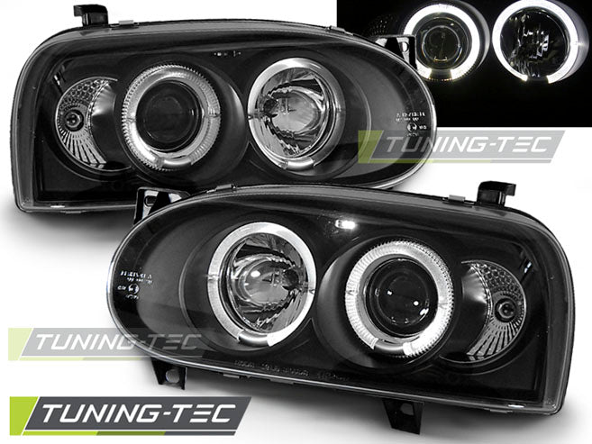 Phares Angel Eyes noirs compatibles avec VW Golf 3 09.91-08.97