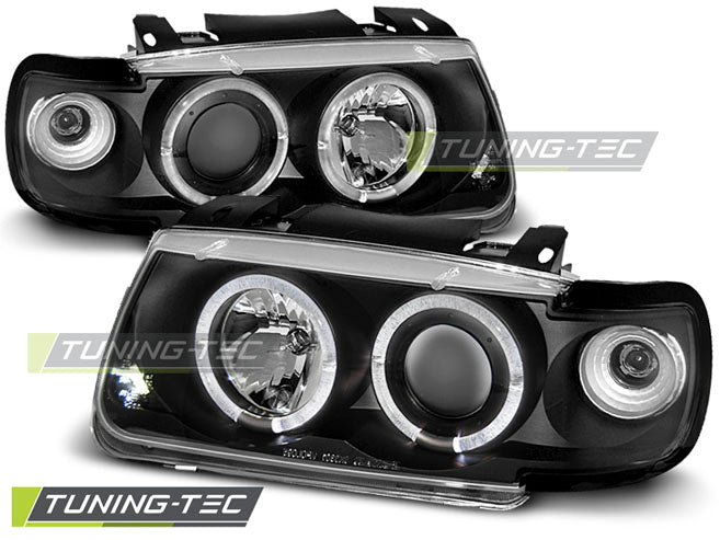 Phares Angel Eyes noirs compatibles avec VW Polo 6N 10.94-09.99 (berline à hayon)