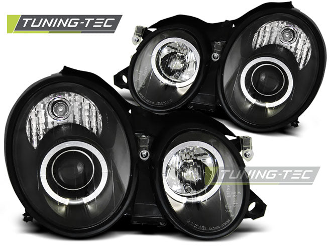 Phares Angel Eyes noirs compatibles avec Mercedes W208 CLK 03.97-04.02