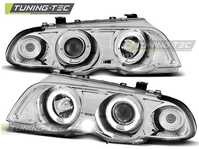 Phares Angel Eyes chromés compatibles BMW E46 05.98-08.01 S/T