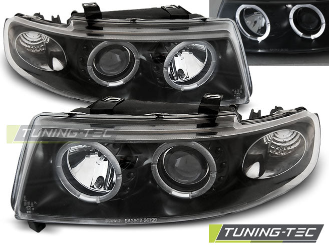 Phares Angel Eyes noirs compatibles avec SEAT LEON / TOLEDO 04.99-08.04