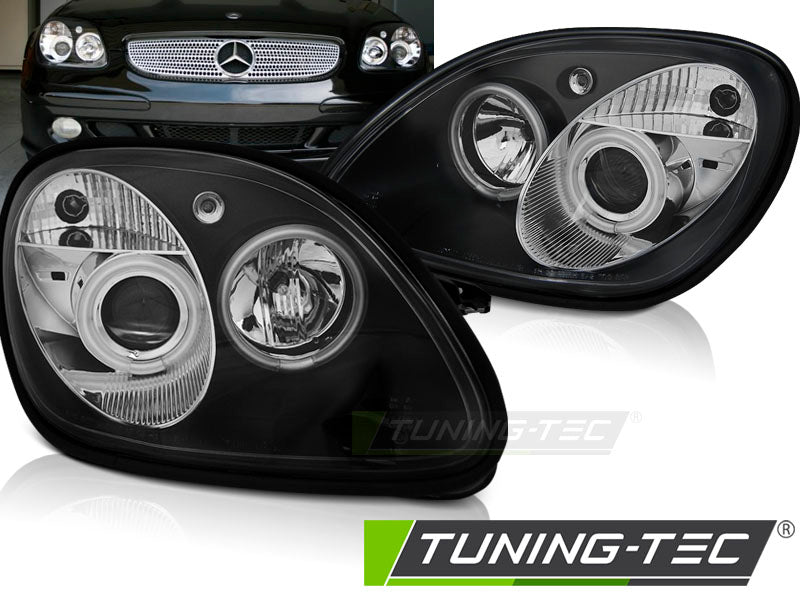 Phares Angel Eyes noirs compatibles avec Mercedes R170 SLK 04.96-04