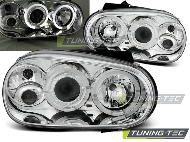 Phares Angel Eyes chromés compatibles avec VW Golf 4 09.97-09.03