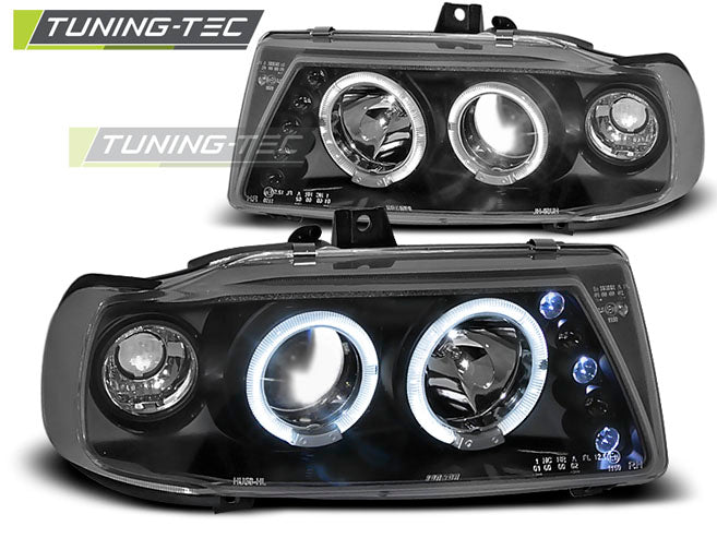 Phares Angel Eyes noirs compatibles avec SEAT Ibiza / Cordoba / Polo Variant, berline 10.93-08.99