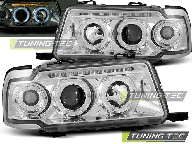 Phares Angel Eyes chromés compatibles avec Audi 80 B4 09.91-04.96