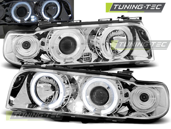 Phares Angel Eyes chromés compatibles BMW E38 06.94 - 08.98