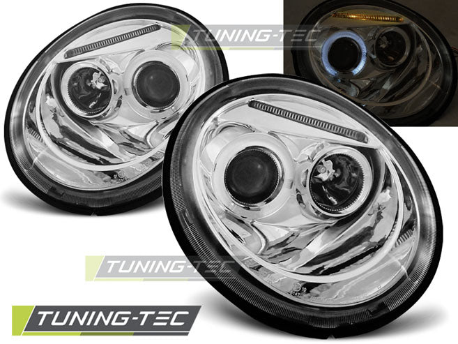 Phares Angel Eyes chromés compatibles avec VW New Beetle 10.98-05.05