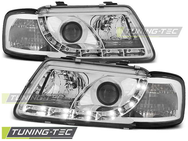 Phares chromés à feux de jour compatibles avec Audi A3 8L 08.96-08.00