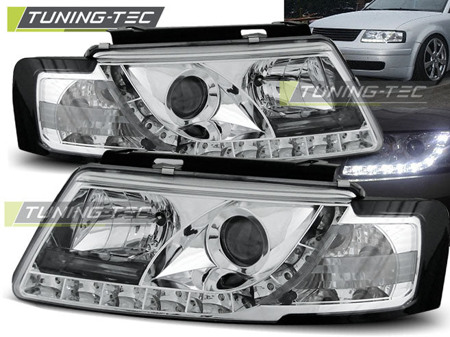 Phares chromés à feux de jour compatibles avec VW Passat B5 3B 11.96-08.00