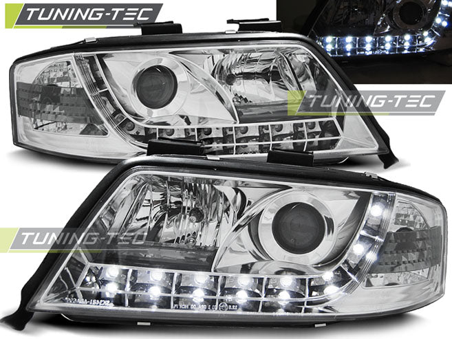 Phares chromés à feux de jour compatibles avec Audi A6 05.97-05.01