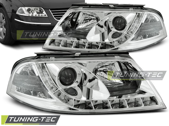 Phares chromés à feux de jour compatibles avec VW Passat 3BG 09.00-03.05
