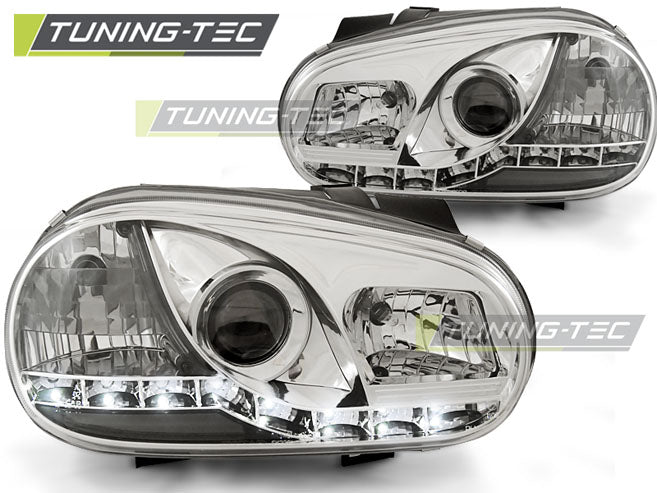 Phares chromés à feux de jour compatibles avec VW Golf 4 09.97-09.0
