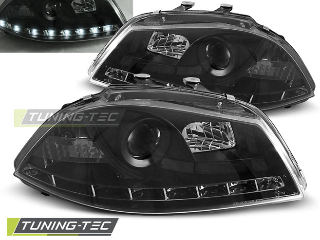 Phares avant noirs à feux de jour compatibles avec SEAT Ibiza 6L 02-08