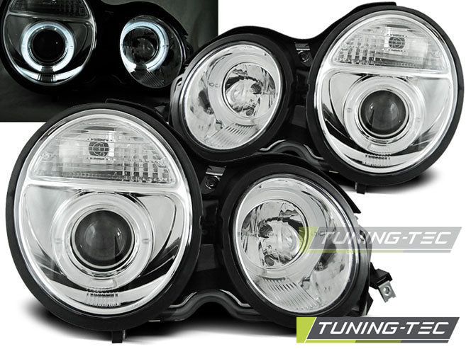 Phares Angel Eyes chromés compatibles avec Mercedes W210 Classe E 95-05.99