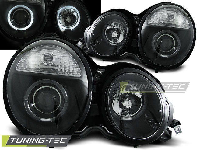 Phares Angel Eyes noirs compatibles avec Mercedes W210 Classe E 95-05.99