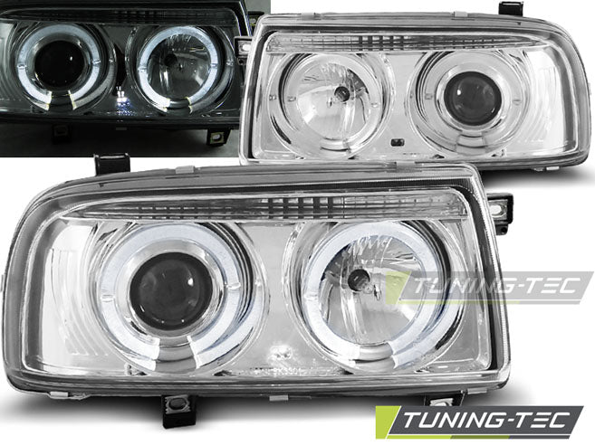 Phares Angel Eyes chromés compatibles avec VW Vento 01.92-08.98