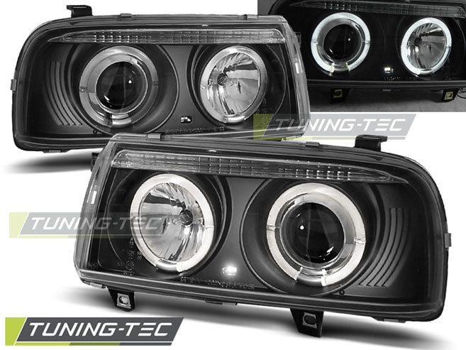 Phares Angel Eyes noirs compatibles avec VW Vento 01.92-08.98