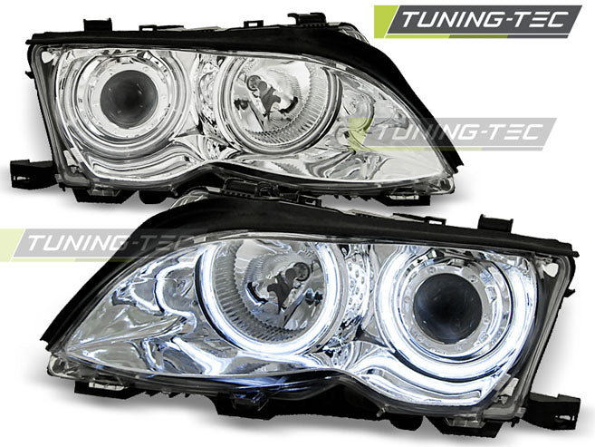 Phares Angel Eyes CCFL chromés compatibles BMW E46 09.01-03.05