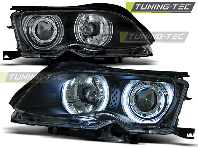 Phares Angel Eyes CCFL noirs compatibles BMW E46 09.01-03.05
