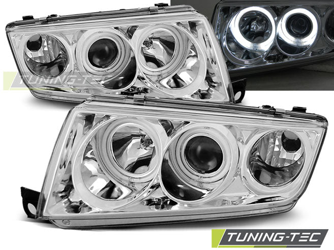 Phares Angel Eyes chromés compatibles avec Skoda Fabia I 99-08