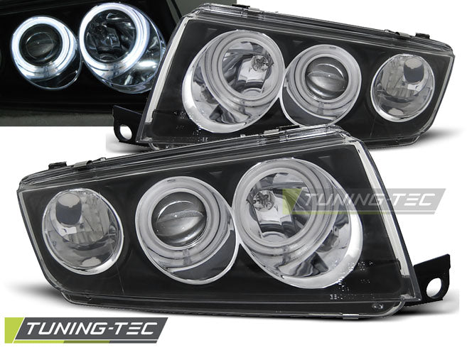 Phares Angel Eyes noirs compatibles avec Skoda Fabia I 12.99-08