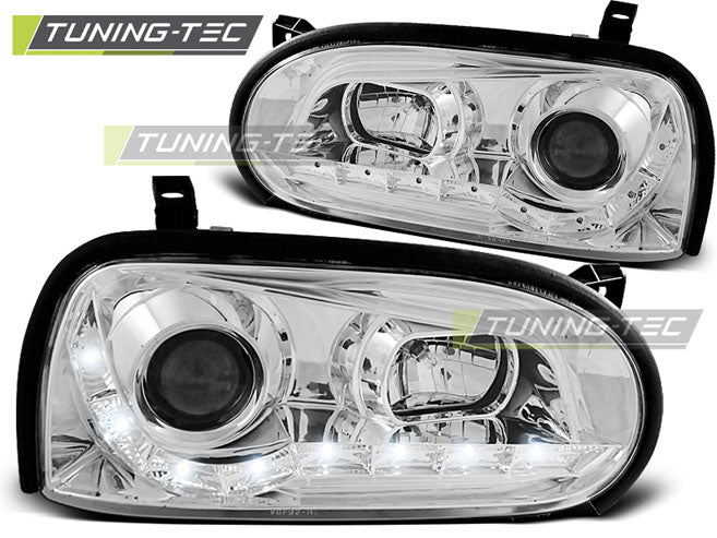 Phares chromés à feux de jour compatibles avec VW Golf 3 09.91-08.97