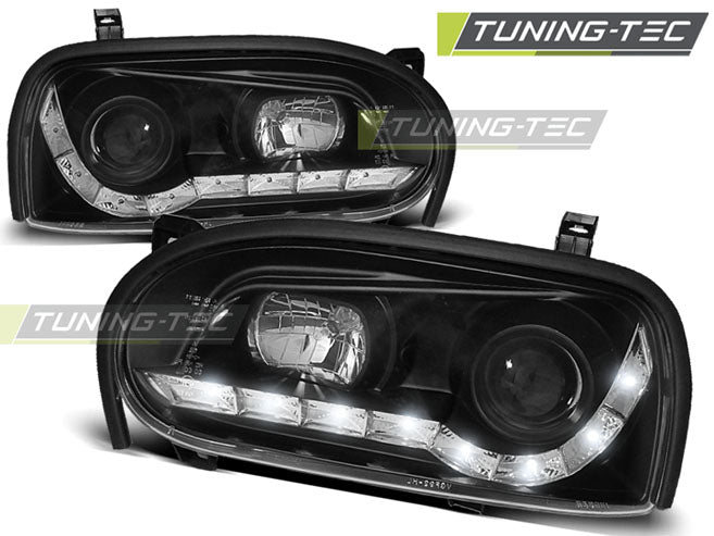 Phares avant noirs à feux de jour compatibles avec VW Golf 3 09.91-08.97