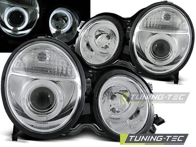 Phares Angel Eyes chromés compatibles avec Mercedes W210 Classe E 99-02