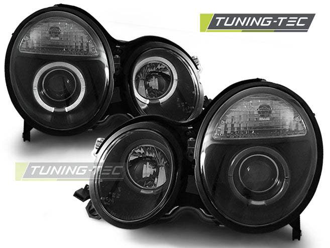 Phares Angel Eyes noirs compatibles avec Mercedes W210 Classe E 06.99-02