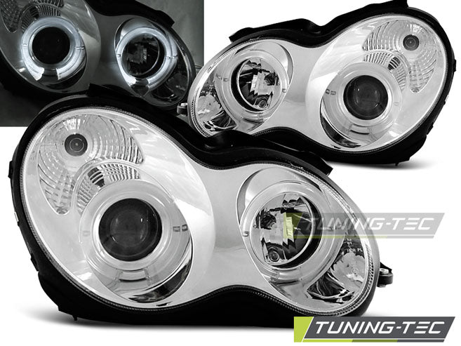 Phares Angel Eyes chromés compatibles avec Mercedes W203 Classe C 07.00-03.04