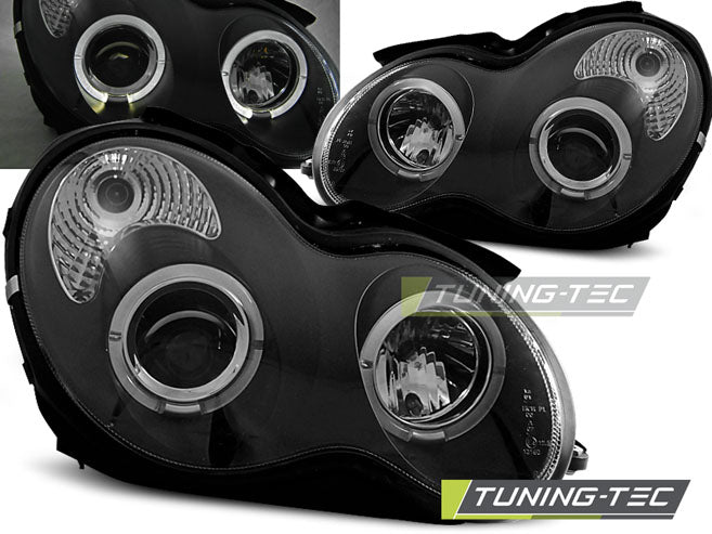 Phares Angel Eyes noirs compatibles avec Mercedes W203 Classe C (07.00-03.04)