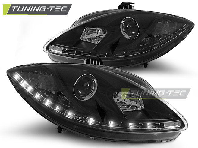 Phares avant noirs à feux de jour compatibles avec SEAT LEON ALTEA TOLEDO 06.05-09