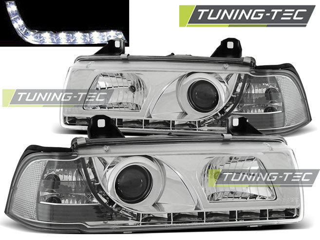 Phares chromés à feux de jour compatibles BMW E36 12.90-08.99