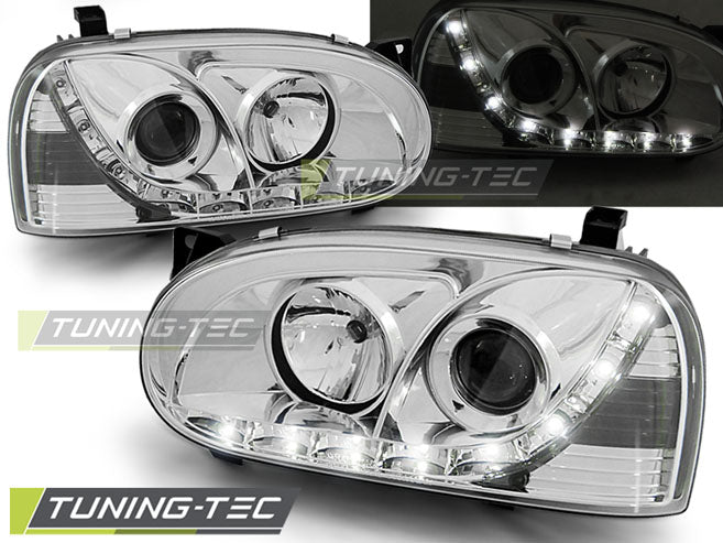 Phares chromés à feux de jour compatibles avec VW Golf 3 91-97