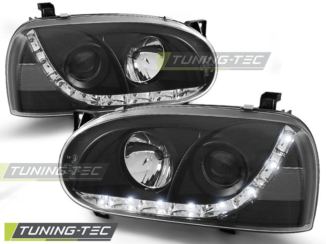 Phares avant noirs à feux de jour compatibles avec VW Golf 3 91-97