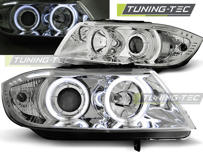 Phares Angel Eyes CCFL chromés compatibles BMW E90/E91 03.05-08.08