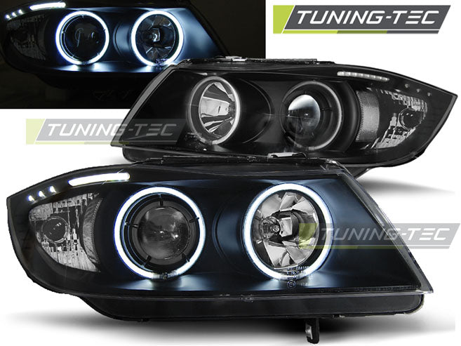 Phares Angel Eyes CCFL noirs compatibles BMW E90/E91 03.05-08.08