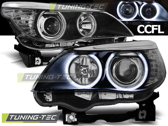 Phares Angel Eyes CCFL noirs compatibles BMW E60/E61 03-07