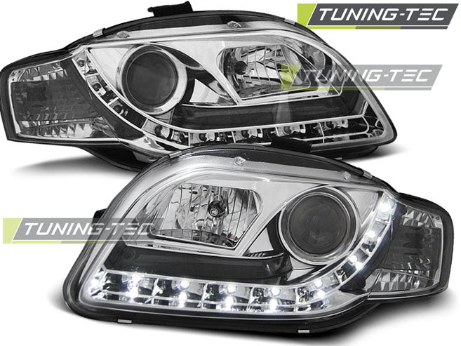 Phares chromés à feux de jour compatibles avec Audi A4 B7 11.04-03.08