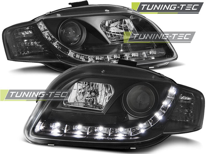 Phares de jour noirs compatibles avec Audi A4 B7 11.04-03.08