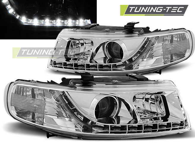 Phares chromés à feux de jour compatibles avec SEAT LEON / TOLEDO 04.99-08.04