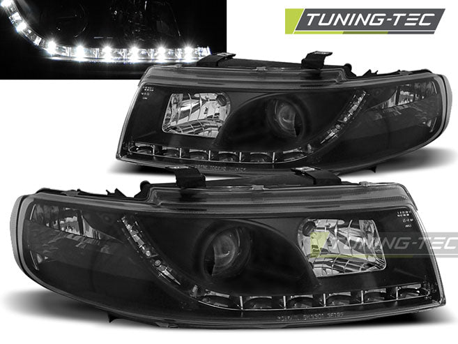 Phares avant noirs à feux de jour compatibles avec SEAT LEON / TOLEDO 04.99-08.04