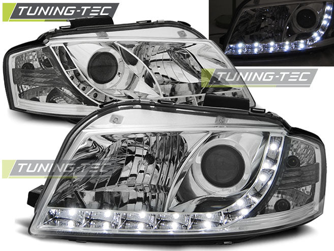 Phares chromés à feux de jour compatibles avec Audi A3 8P 05.03-03.08