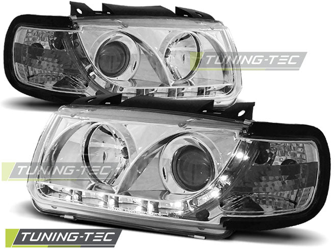 Phares chromés à feu de jour compatibles avec VW Polo 6N 10.94-09.99 (berline à hayon)